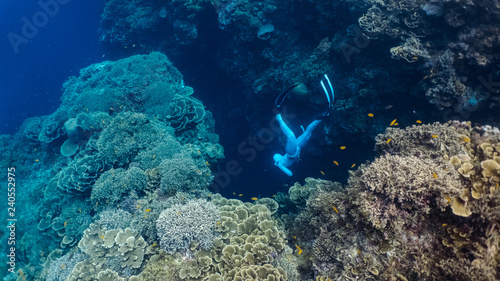 Free diver explores an underwater crevice