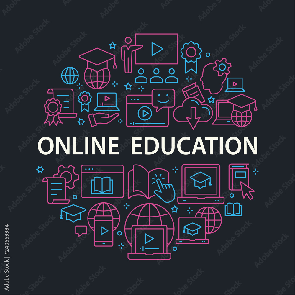 E-learning distance education outline icons set for interface, print.