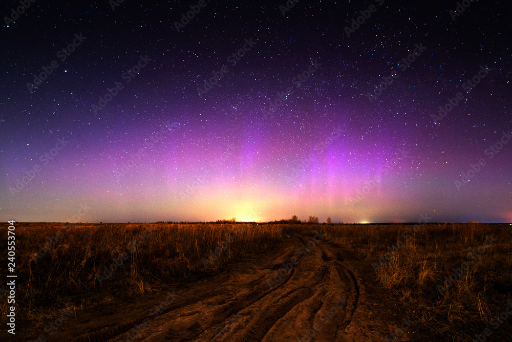 Night landscape with northern lights. Aurora borealis
