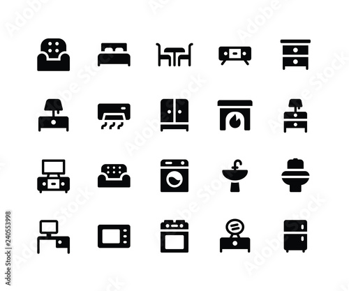 Simple Set of Furniture Related Vector Glyph Icons. Contains such Icons as sofa, bed, table, cabinet, lamp and More. pixel perfect vector icons based on 32px grid. Well Organized