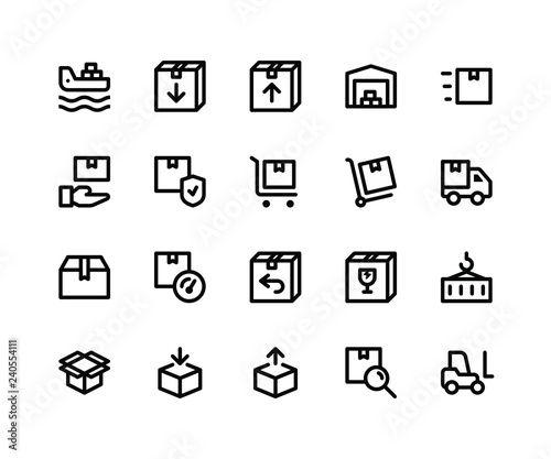 Simple Set of Logistic Related Vector Line Icons. Contains such Icons as cargo, box, warehouse, trolly, package and More. pixel perfect vector icons based on 32px grid. Editable Strokes