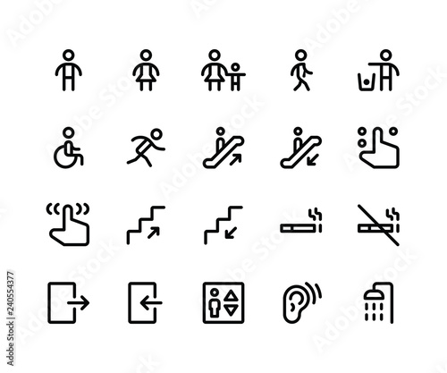 Simple Set of Wayfinding Related Vector Line Icons. Contains such Icons as sign, male, women, walking, run, wheelchair and More. pixel perfect vector icons based on 32px grid. Editable Strokes