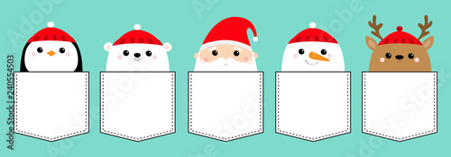 Penguin Santa Claus White polar bear Snowman Raindeer Deer bird face icon set. T-shirt pocket. Merry Christmas. New Year. Cute cartoon funny kawaii baby character. Flat design Blue background.