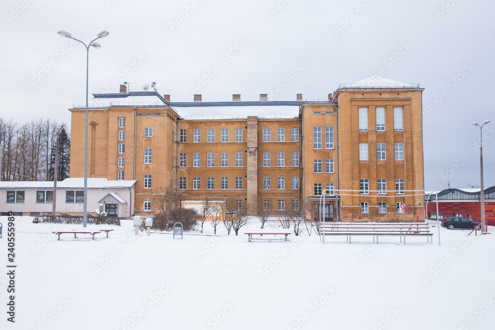  Old town school, street and urban view. Winter and snow. Travel photo 2018.