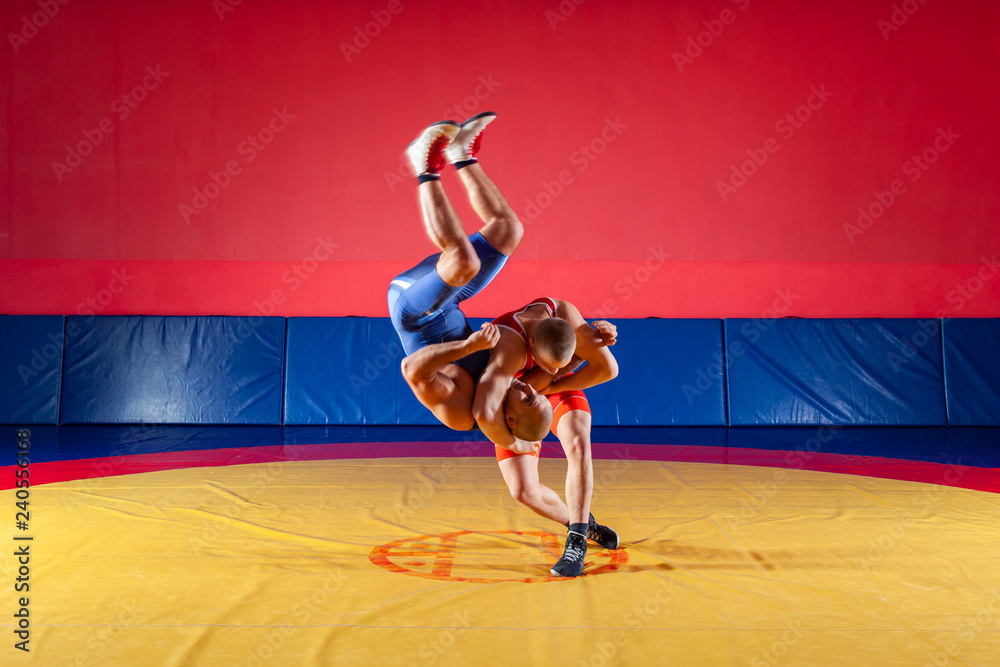 The concept of fair wrestling. Two young men in blue and red wrestling