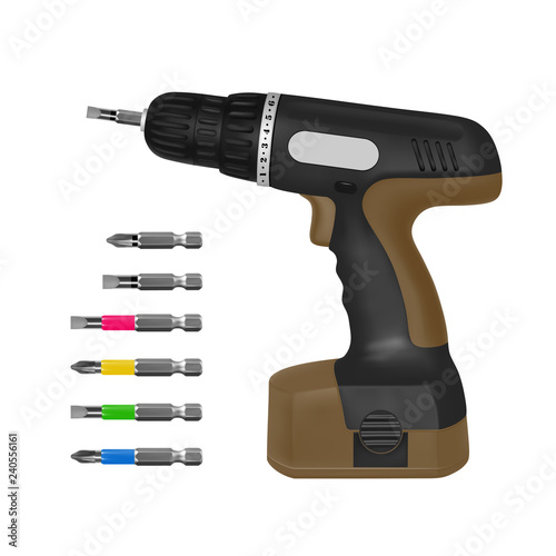 Electric cordless screwdriver in vector.Bits for bolts and screws in the vector.