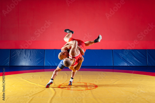 Two young men in blue and red wrestling tights are wrestlng and making a suplex wrestling on a yellow wrestling carpet in the gym. The concept of fair wrestling