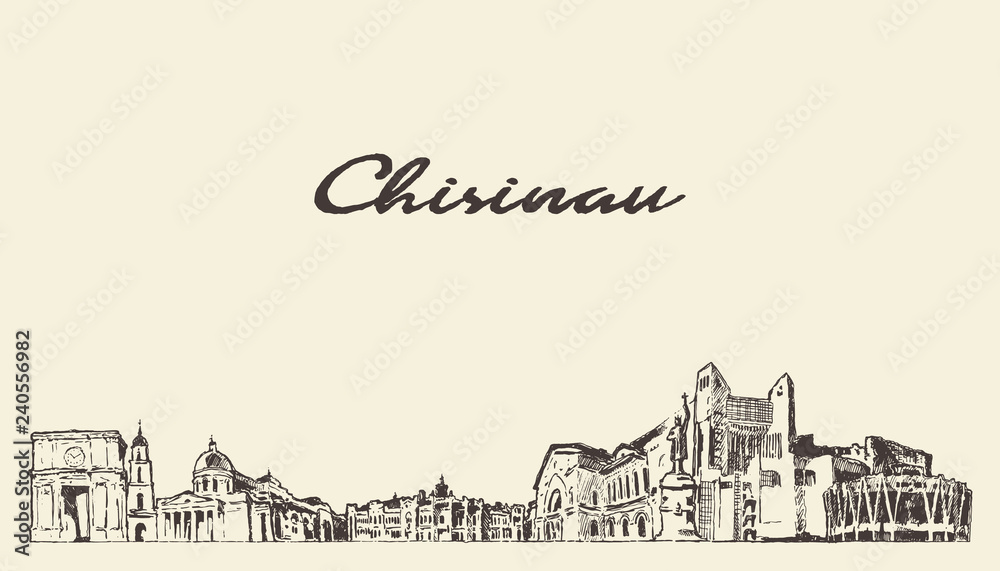 Chisinau skyline city Moldova drawn vector sketch