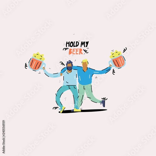 Handdrawn vector illustration-beer friends. Funny card. Cartoon print.