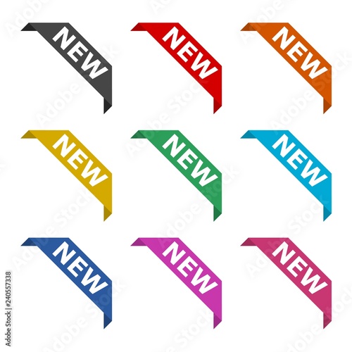 New product corner ribbon banner label icon or logo, color set