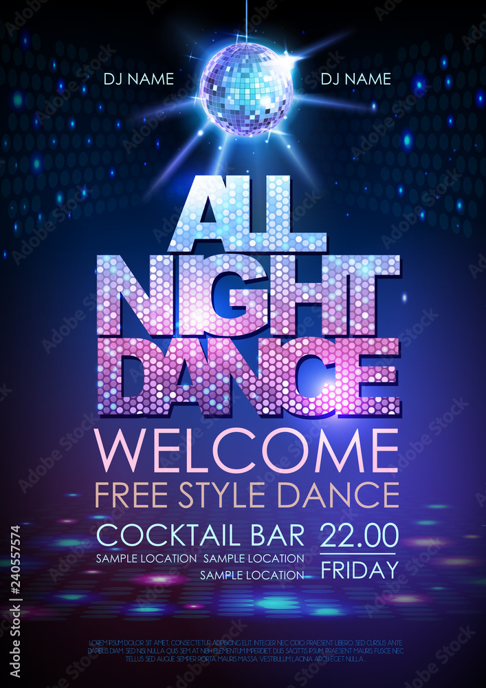 Disco ball background. Disco poster all night dance. Neon Stock Vector |  Adobe Stock