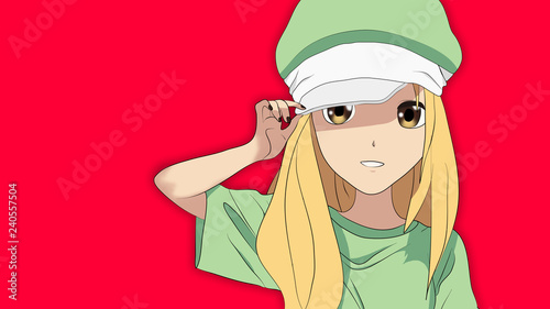 Anime Girl With Blonde Hair Wearing A Cap Anime Character In Green Clothes Standing Confidently In Front Of A Red Background With A Smile Stock Illustration Adobe Stock