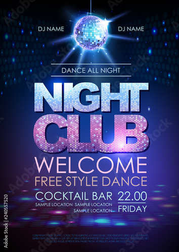 Disco ball background. Disco poster night club. Neon
