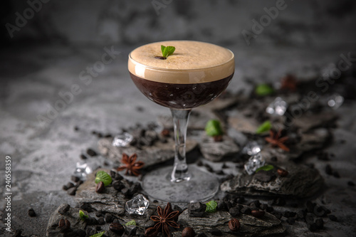 Alcoholic or non-alcoholic coffee cocktail with liqueur, whiskey, cream. Cool drink. Easy Bartenders Recipes and Ideas photo