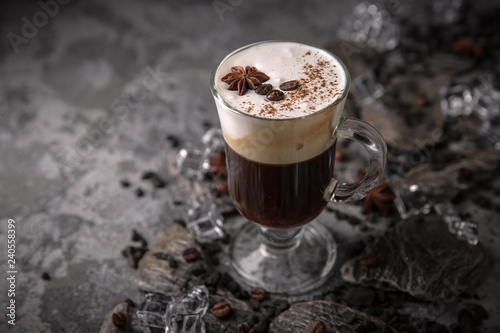 Fototapeta Naklejka Na Ścianę i Meble -  Alcoholic or non-alcoholic coffee cocktail with liqueur, whiskey, cream. Cool drink. Easy Bartenders Recipes and Ideas