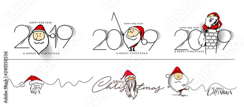 Set of Happy New Year 2019 Text with Santa Christmas Design, Vector illustration