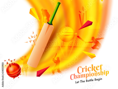 Cricket Championship Poster with Bat, Ball and Golden Trophy on Golden Background.