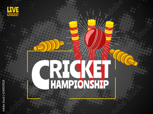 Live Cricket poster or banner design with illustration of ball, wicket stumps and bails on black halftone background.