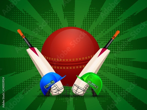 Cricket attire with ball and bats on green halftone rays background for Live cricket tournament concept.