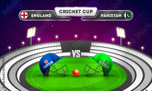 Banner or poster design, cricket match between England vs Pakistan with illustration of cricket attire helmets on night stadium background.