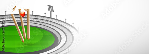 Website header or banner design with cricket equipments on stadium view background and space for your message.