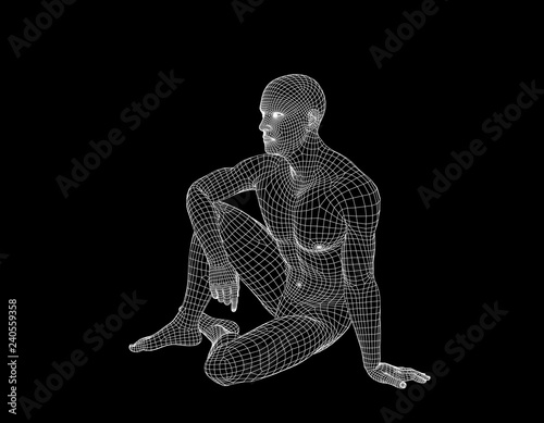 Man sitting on the ground. Wireframe human body. Vector illustration.