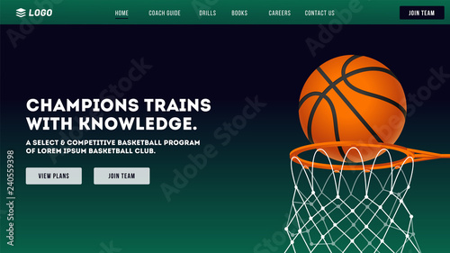 Realistic basketball with hoop on glossy green background. Responsive landing page design for mobile apps.