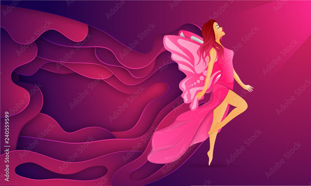 Paper layer cut banner design with illustration of young girl on purple background with space for your message. Paper layer cut banner design with illustration of young girl on purple background with space for your message.