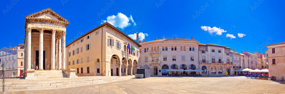 Forum square and historic roman Temple of Augustus in Pula panoramic view