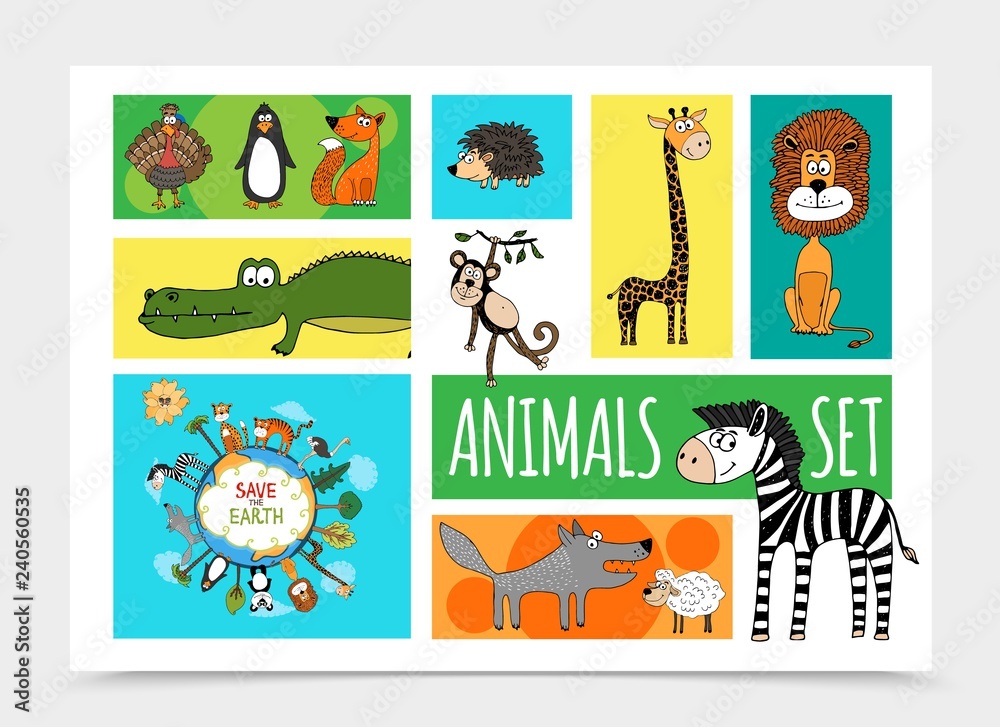 Fototapeta premium Flat Wild Cute Animals Collection