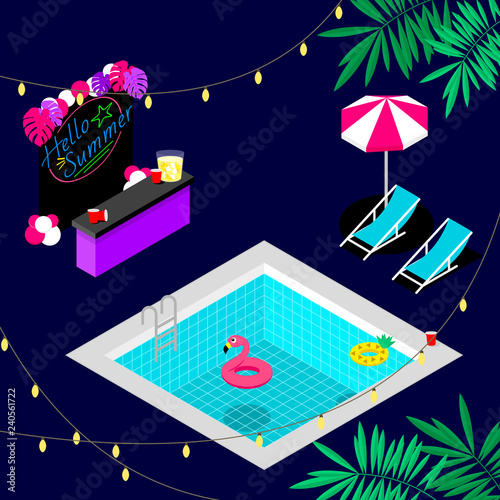 Hello summer night pool party with tropical decoration