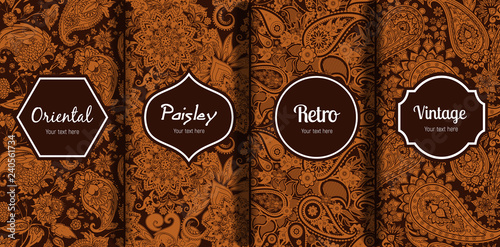 Set of seamless patterns in vintage paisley style.