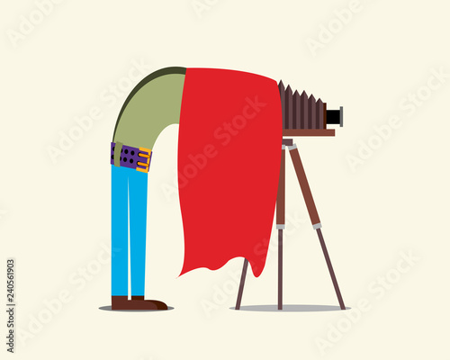 Old camera on a tripod. Photographer takes pictures. Vector illustration.