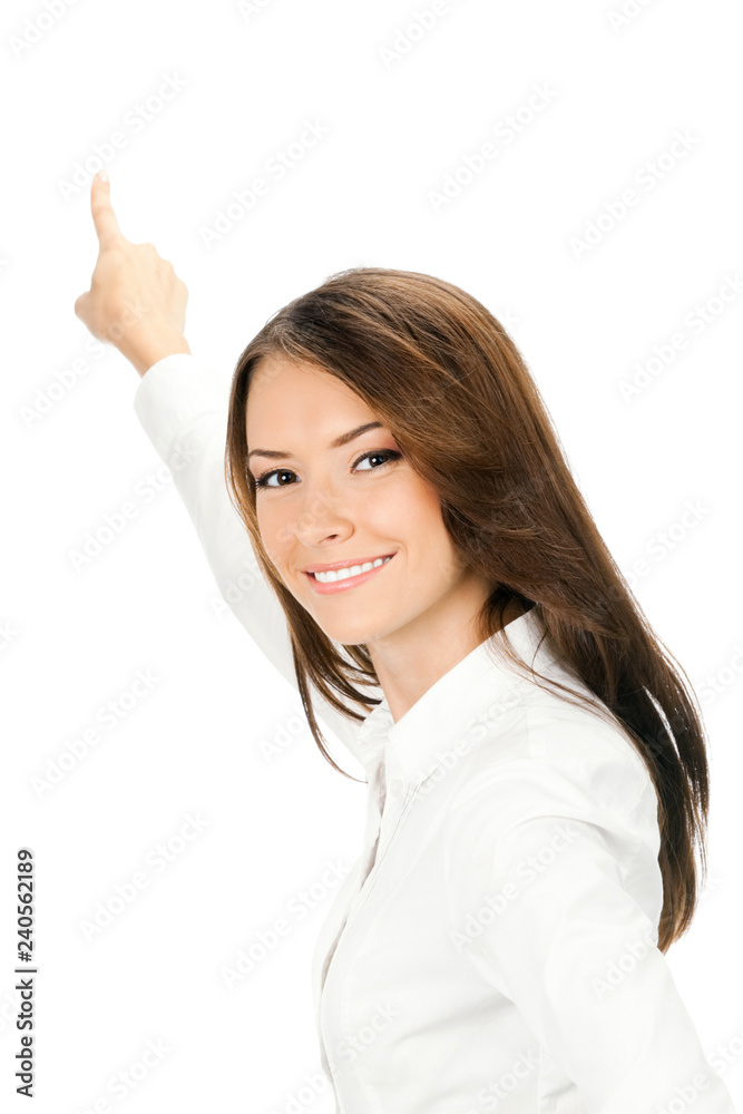 Business woman showing something, isolated Business woman showing something, isolated