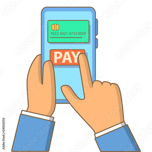 On line and mobile payments.smart phone contact less.Money running payment app, bank account.Purchase in  on line store .Man holding phone.Bay from credit card on the screen.Vector flat linear