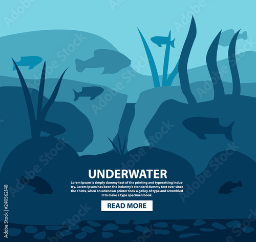 The sea underwater world with silhouettes of small fishes and plants, seaweed. With different animals.In flat style vector. Coral reef and stones at the bottom.Marine life deep in the ocean.