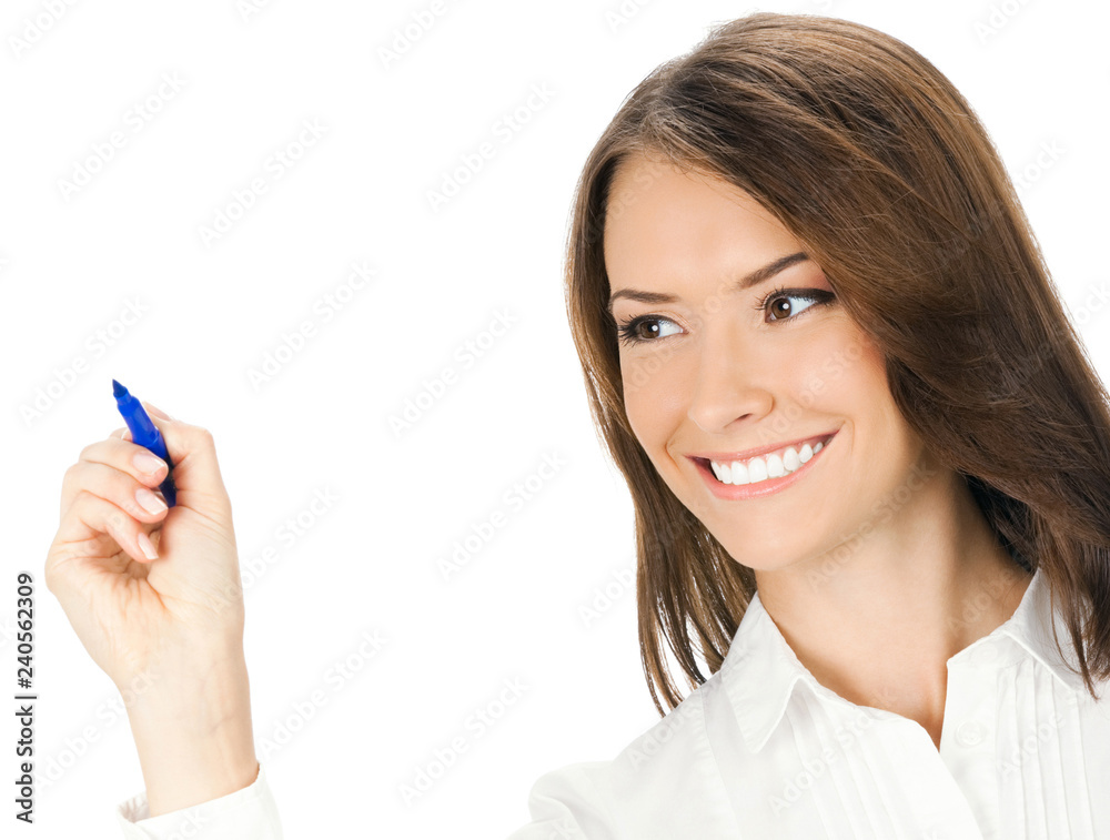 Business woman writing or drawing, isolated Business woman writing or drawing, isolated