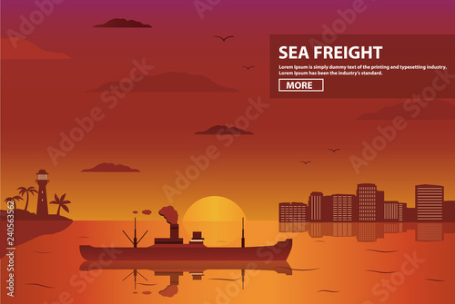 The transport ship against the background of setting the sun. A landscape sea tropical with the city and palm trees. The cargo ship with a pipe and smoke.Old bulk carrier.Steam sea vessel flat vector.