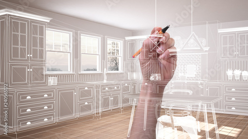 Empty white interior with parquet floor and three panoramic windows, hand drawing custom architecture design, white ink sketch, blueprint showing classic kitchen photo