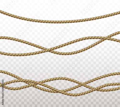 Rope set isolated on transparent background. Vector realistic texture  string, jute, thread or cord pattern. Stock Vector