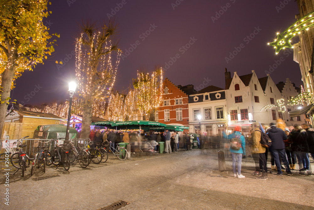 Bruges, Belgium - November 24, 2018: Christmas Market  by night .