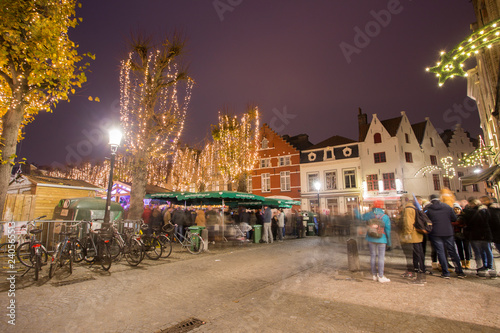 Bruges, Belgium - November 24, 2018: Christmas Market  by night .