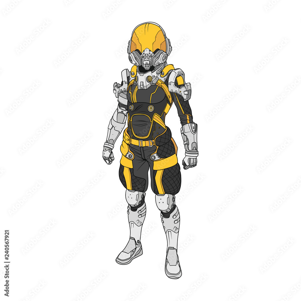 Colorful black, yellow and white space suit with big helmet Colorful black, yellow and white space suit with big helmet