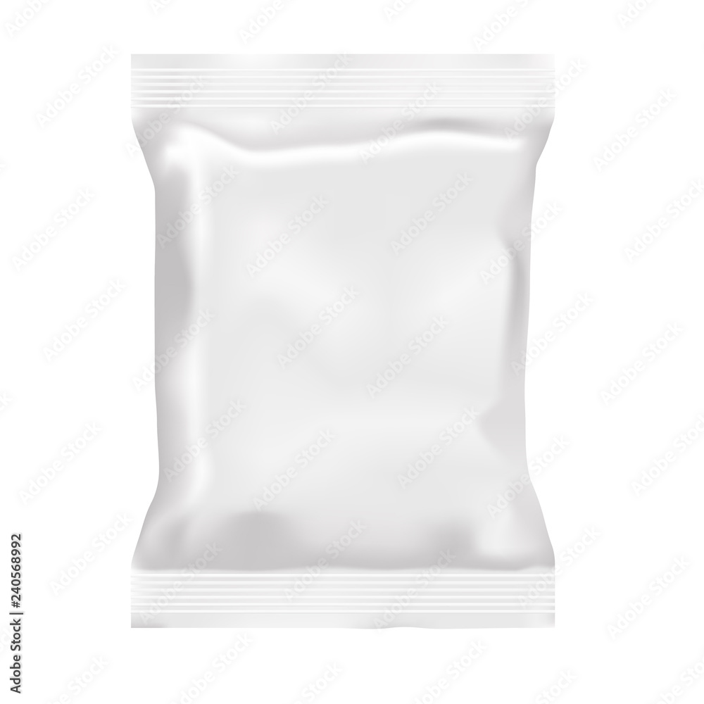 Realistic empty plastic foil 3D package. Polypropylene pillow bag. Mock up. Vector template for design, presentation, advertising, promo. EPS 10. Front view. Vertical.