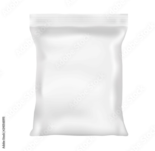 Realistic empty 3D package with zipper. Mock up. Vector template for design, presentation, advertising, promo. EPS 10. Front view. Vertical.