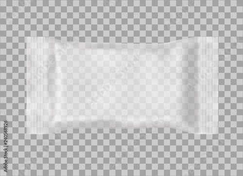 Realistic 3D package on transparent background. Polypropylene pillow bag. Mock up. Vector template for design, presentation, advertising, promo. EPS 10. Front view. Horizontal.