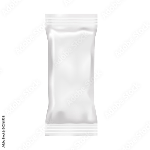 Realistic empty plastic 3D package. Polypropylene narrow pillow bag. Mock up. Vector template for design, presentation, advertising, promo. EPS 10. Front view. Vertical.