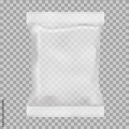 Realistic 3D package on transparent background. Polypropylene pillow bag. Mock up. Vector template for design, presentation, advertising, promo. EPS 10. Front view. Vertical.