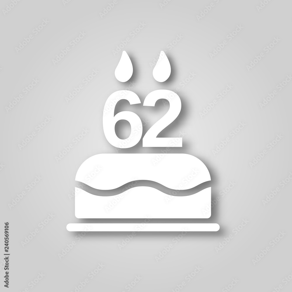 Birthday cake with candles in the form of the number 62 figure cut out of paper icon. Happy Birthday concept symbol design. Stock - Vector illustration can be used for web. Birthday cake with candles in the form of the number 62 figure cut out of paper icon. Happy Birthday concept symbol design. Stock - Vector illustration can be used for web.
