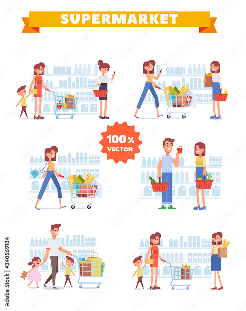 People Shopping in supermarket big vector set. Big sale. Flat vector illustration. 